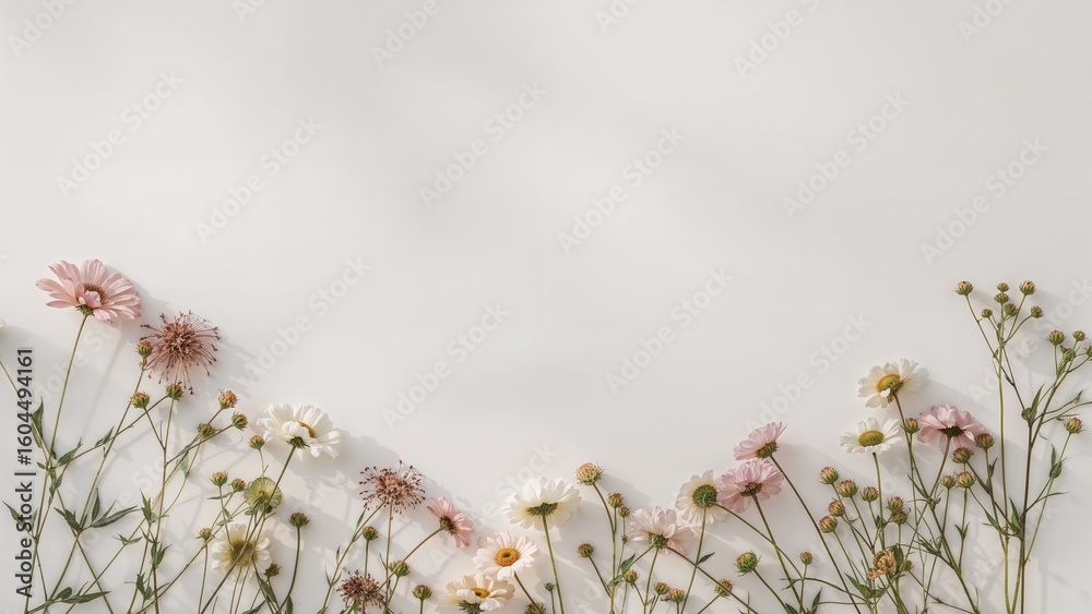 Canvas Prints top view of soft pastel wild blossoms displayed on a white background, highlighted by soft shadowing