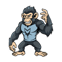 A muscular, angry chimpanzee mascot in a light blue shirt, making a thinking gesture.