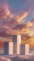 Abstract podiums rise through dreamy clouds at sunset for impactful presentations
