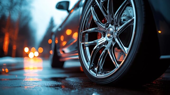 Close up of a sports car wheel parked on a wet street at dusk