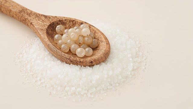 Detailed shot of a wooden spoon scooping raw tapioca balls atop sugar mound