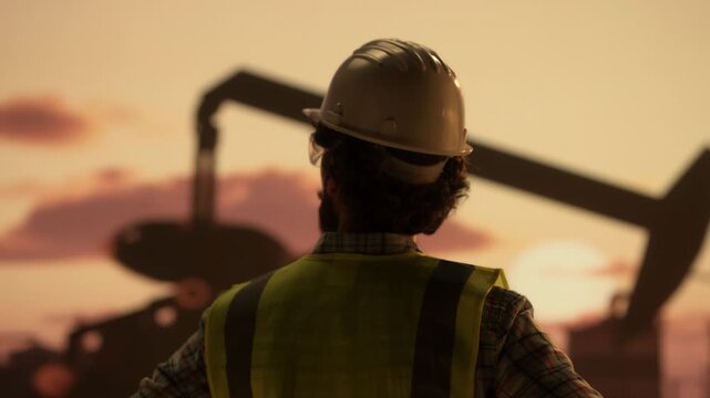 Oil rig engineer supervising extraction operations at sunset