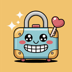A cartoon suitcase with a smiling face and a heart shaped key on a yellow colored background style