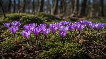 Natural forest scene with blooming wild purple crocus flowers in springtime.