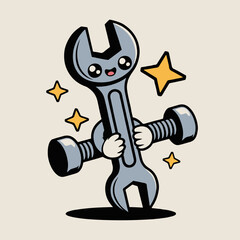 Cartoon wrench character holding a bolt with stars around it on a light colored background