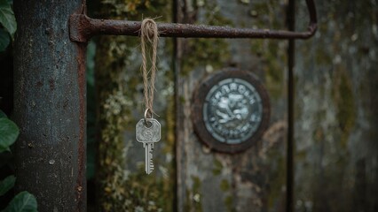 Fototapeta premium A clearly displayed lost key is attached to a fence by an assumed finder to aid the owner Macro-shot
