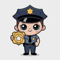 Cartoon police officer holding badge with star on white background in full uniform and hat with star