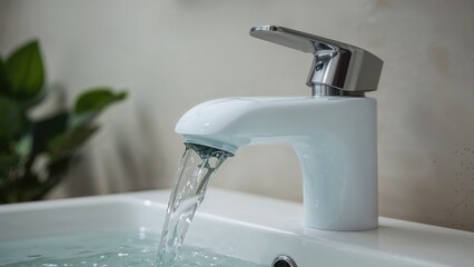 Blue and white tap with subtle mossy patches
