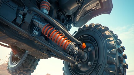 OffRoad Vehicle Suspension with Orange Spring and Black Wheel Against a Desert Backdrop