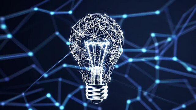 Low poly wireframe light bulb bursts luminous network glowing nodes atop dark tech gradient illustrating creative innovation AI brainstorming crisp k business intros hackathon recaps venture capital