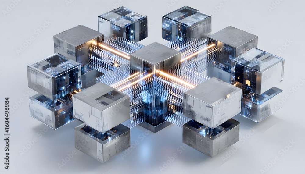 Poster a modular quantum processor sculpture with geometric blocks interlinked by light beams, sleek design