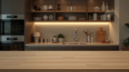 Fototapeta premium Elegant Wooden Surface in Trendy Kitchen Interior Highlighted by Blurred Appliances and Warm Glow