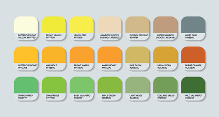 Tropical Forest Inspired Color Palette Chart with HEX Codes. A Blend of Fresh Greens, Warm Yellows, and Earthy Neutrals for Natural Design Projects. Fashion Trend Yellow Green Orange Color palette.