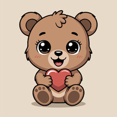 Cartoon teddy bear sitting and holding a red heart with big eyes and rosy cheeks on a light background