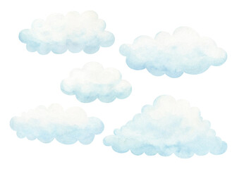 Set of cute cumulus clouds painted with watercolors