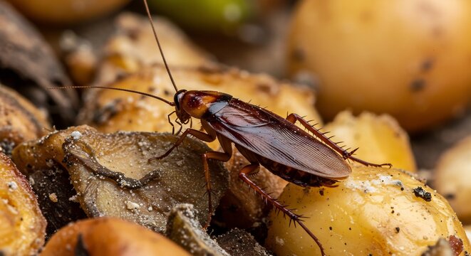 Cafard brun brillant se nourrit grains detail macro lumiere naturelle. AI Generated