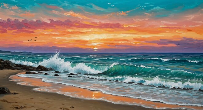 Couleurs vives coucher soleil plage vagues ocean puissant lumineux. AI Generated