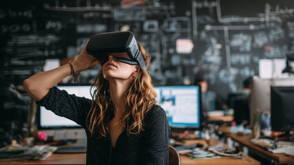 Young Woman Testing VR Headset in Tech Office with Modern Computer Setup