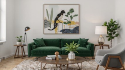 Hazy view of a modern family room furnished with a green velvet loveseat, decorative wall pieces, and trendy ornaments, perfect for a snug ambiance.