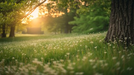 Golden sunlight illuminates a meadow filled with delicate white wildflowers and a large tree trunk grass