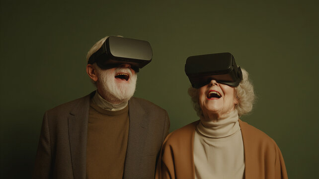 Happy Elderly Couple Wearing Virtual Reality Headsets and Laughing Indoors