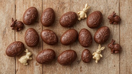 Fototapeta premium Colored wooden backdrop featuring chocolate eggs and a rabbit for Easter