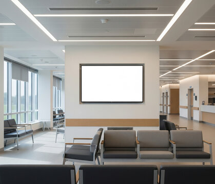 Hospital Waiting Room With Wall Tv Screen Mockup And Modern Ceiling Design - Powered by Adobe