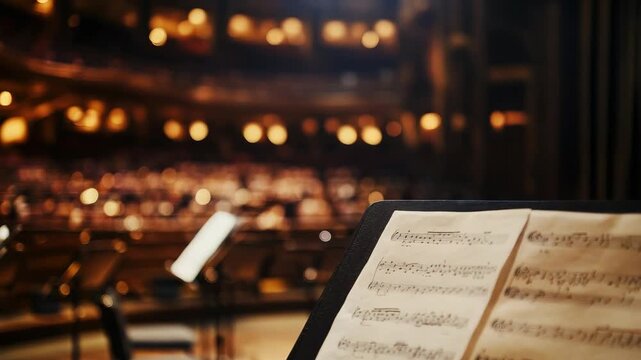 Music stand with sheet music in empty orchestra hall under warm lighting