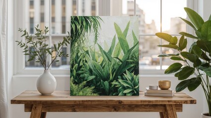 Morning city and garden green abstract on a wooden tabletop with a soft-focus window, ideal for displaying products in retail windows