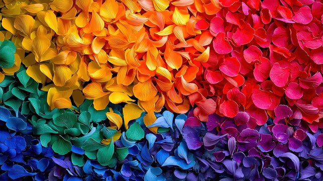 Abstract floral rainbow pattern with vibrant multicolor petals in organic shapes, creating dynamic texture for wallpaper backgrounds, surface design, and decorative applications.