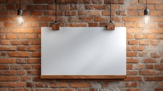 Blank whiteboard hanging on brick wall with brushes on wooden desk below.