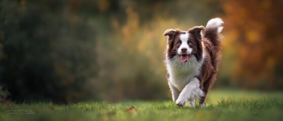The joyful border collie running through a vibrant autumn landscape.