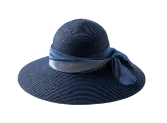 Dark navy straw sun hat with a blue ribbon