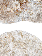 Edges of two pebbles isolated on white background with a space for text