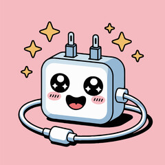 Cartoon illustration of a happy white power adapter with stars on a pink background design