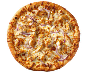 Round pizza with chicken and red onions