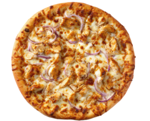 Round pizza with chicken and red onions