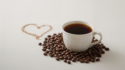 Cup of Turkish coffee surrounded by coffee beans with a heart shape formed from beans on a light background