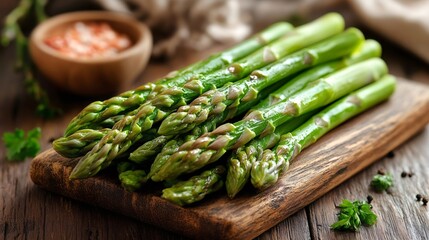 Fresh green asparagus lying on wooden cutting board