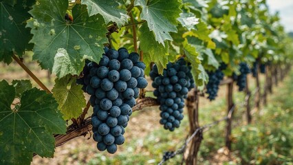 Fototapeta premium Organic vineyard farm with ripe dark black grapes and green leaves during harvest season for red wine production