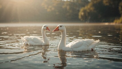 Fototapeta premium Close-up of elegant white birds floating on a lake with sunlight reflecting on the water