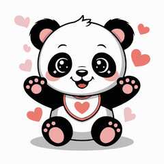 A cartoon panda bear sitting with a bib and hearts floating around it on a white background art