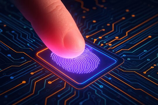 Fingerprint scanning on a glowing digital circuit board for biometric security