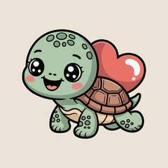 Cartoon turtle with heart on its back smiling with big eyes and rosy cheeks on a light background