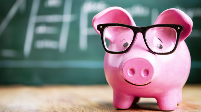 A pink piggy bank with glasses standing on a wooden table in front of a blackboard with mathematical equations. - Powered by Adobe