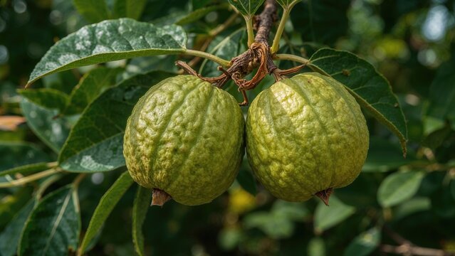 Shiny organic walnuts in their early yellow-green stage on a branch framed by vibrant green leaves. Background of natural greenery symbolizing raw healthy nutrition