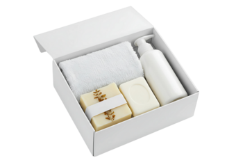 Open white gift box with toiletries and soaps isolated on transparent background