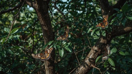 Fototapeta premium A collection of colorful butterflies in flight