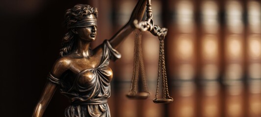The Lady Justice Statue Holding Scales Against a Background of Law Books