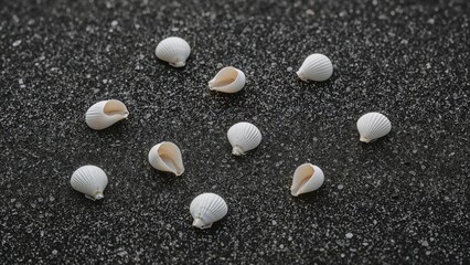 Fototapeta premium Close-up of pale seashells on sandy shore, monochrome summer vacation scene